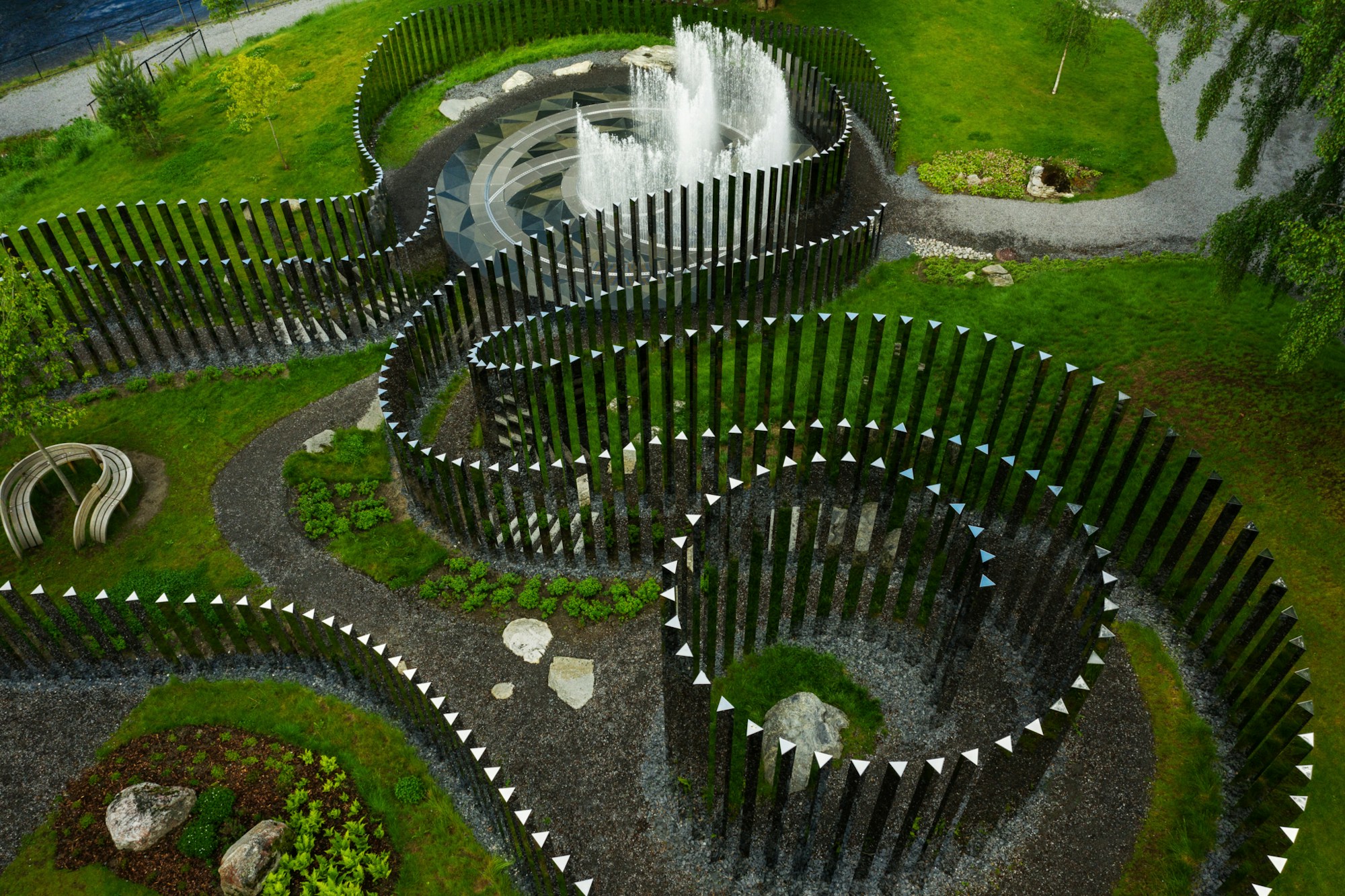 Water sculpture shaped like a maze.