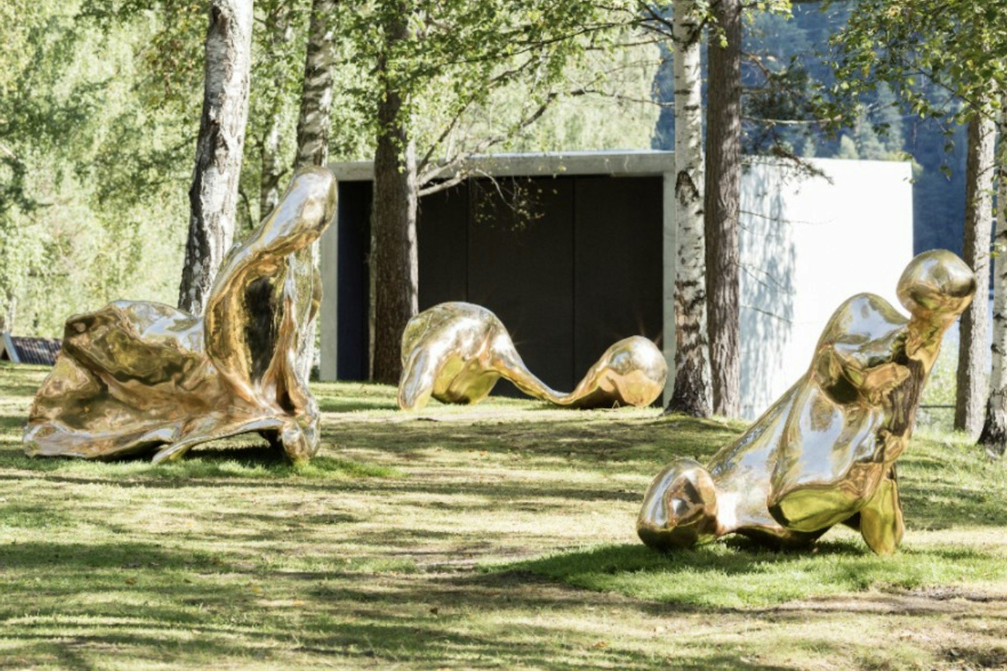 Three sculptures, gold, shiny, abstract forms